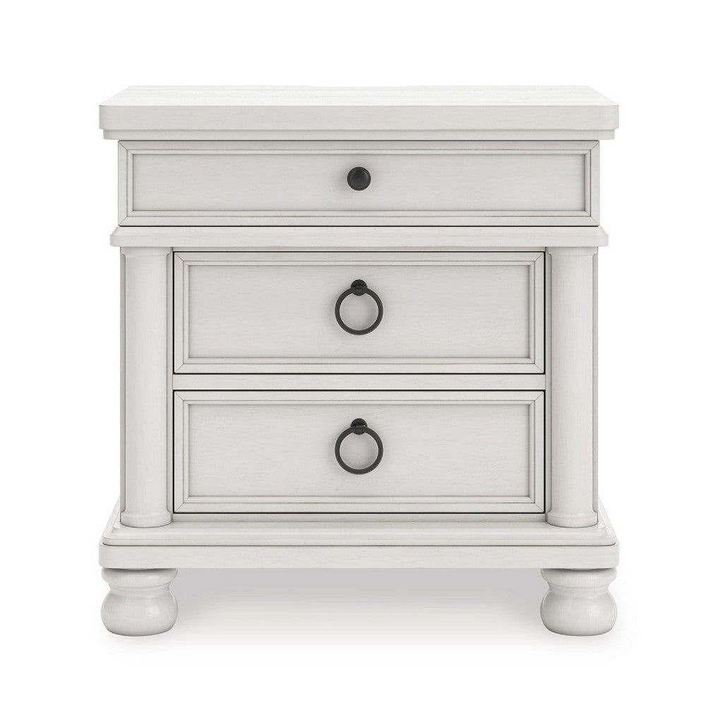 Rowy Bedside Nightstand | 3 Drawers with Pewter Knobs | Antique White