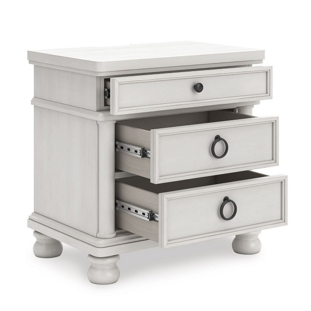 Rowy Bedside Nightstand | 3 Drawers with Pewter Knobs | Antique White