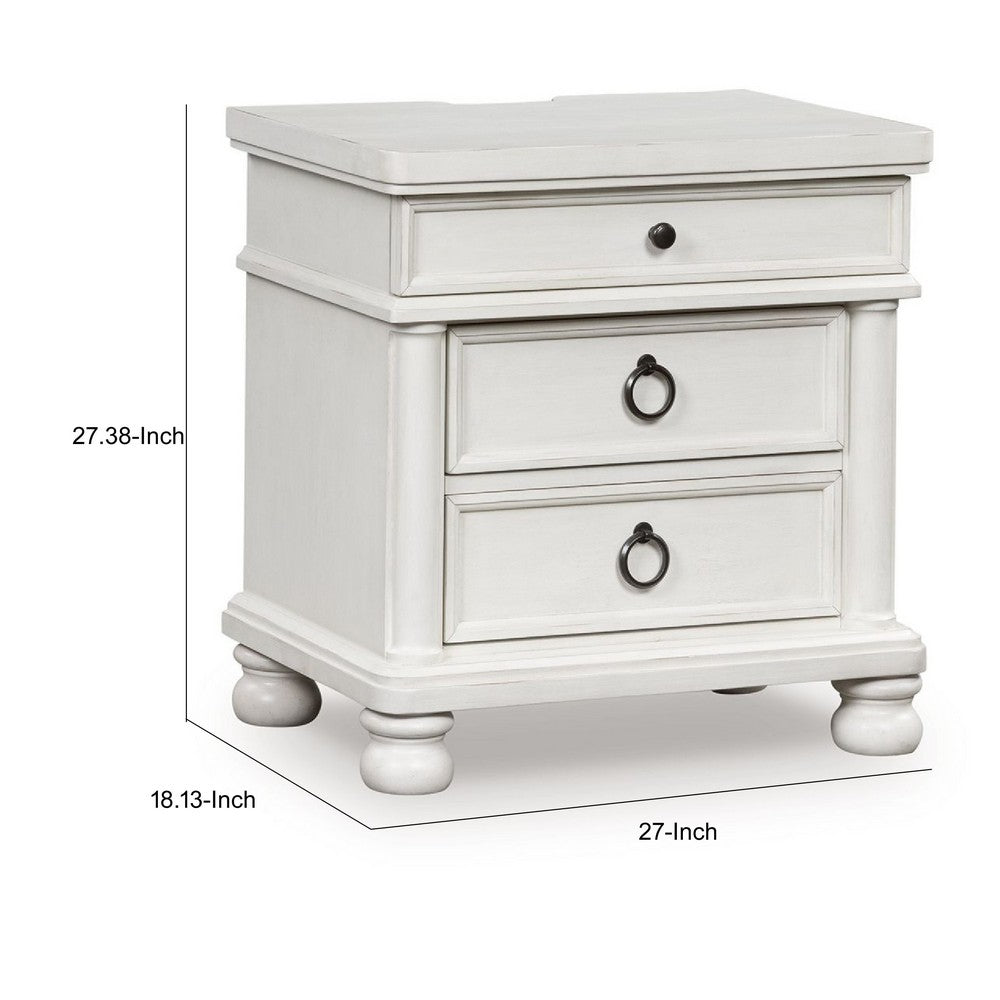 Rowy Bedside Nightstand | 3 Drawers with Pewter Knobs | Antique White