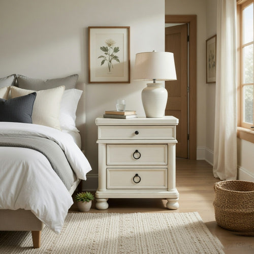 Rowy Bedside Nightstand | 3 Drawers with Pewter Knobs | Antique White