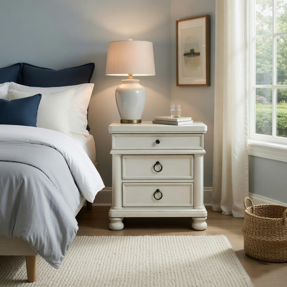 Rowy Bedside Nightstand | 3 Drawers with Pewter Knobs | Antique White