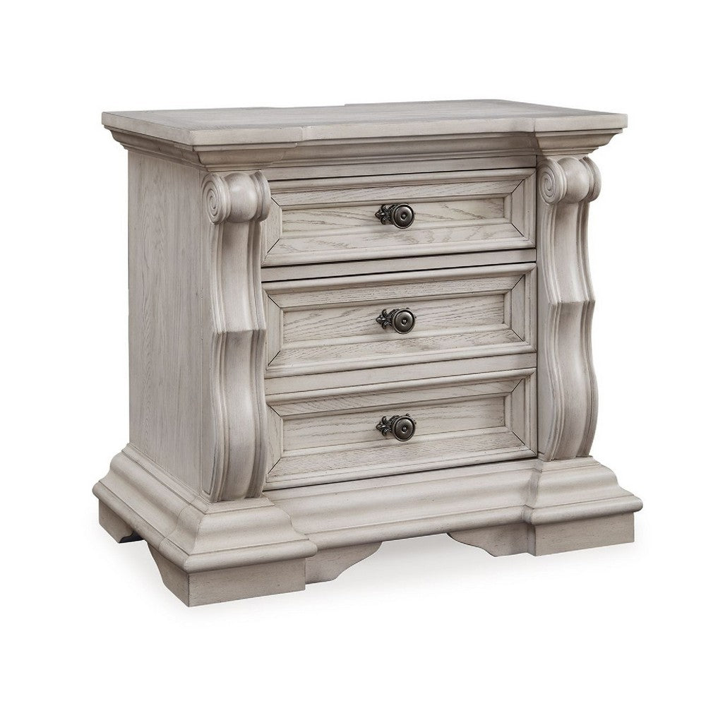Bryl Oversize Nighstand | 3 Drawers with Bronze Knobs | Antique White