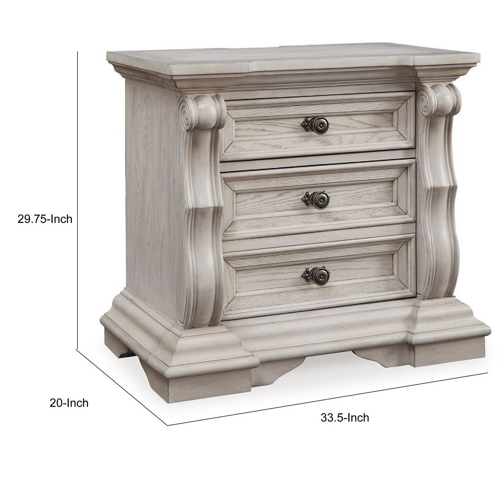 Bryl Oversize Nighstand | 3 Drawers with Bronze Knobs | Antique White