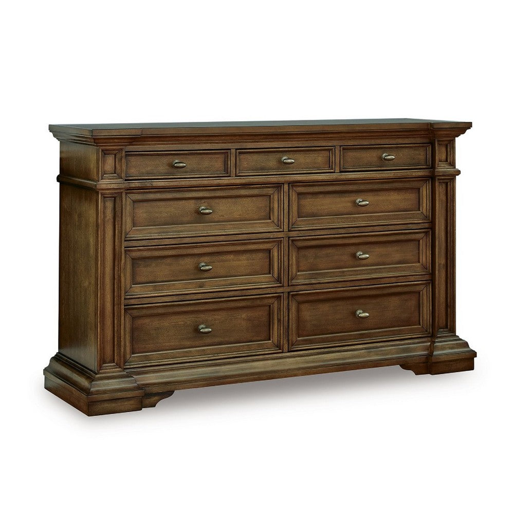 Lesa Wide Dresser | 9 Drawers with Antique Brass Oval Knobs | Brown