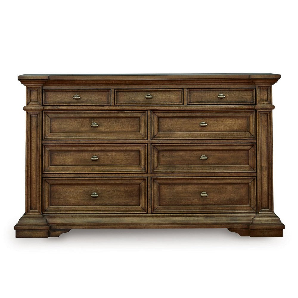 Lesa Wide Dresser | 9 Drawers with Antique Brass Oval Knobs | Brown