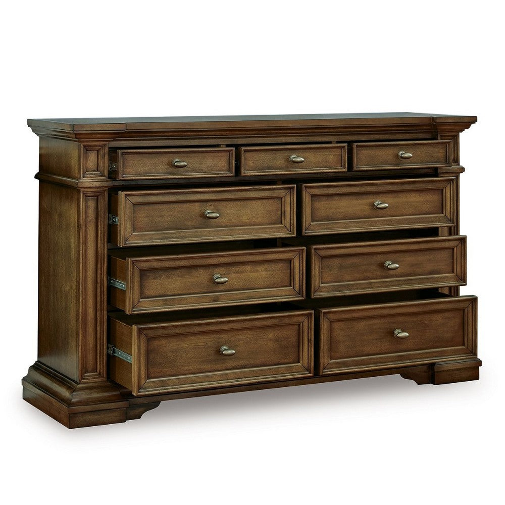 Lesa Wide Dresser | 9 Drawers with Antique Brass Oval Knobs | Brown