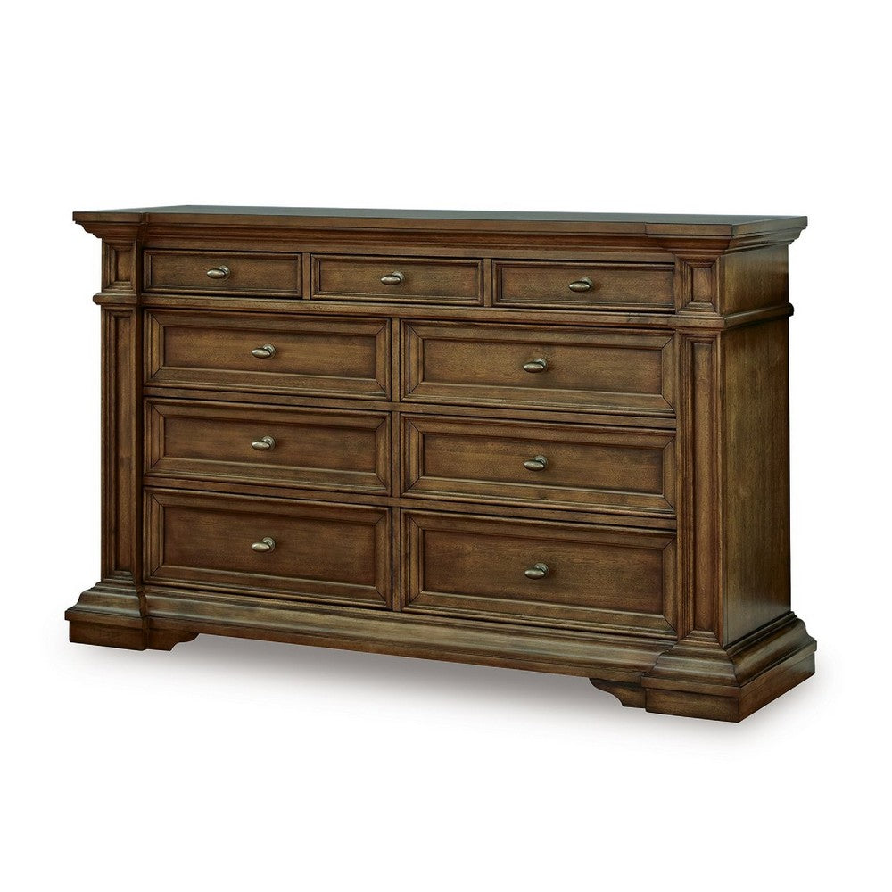 Lesa Wide Dresser | 9 Drawers with Antique Brass Oval Knobs | Brown
