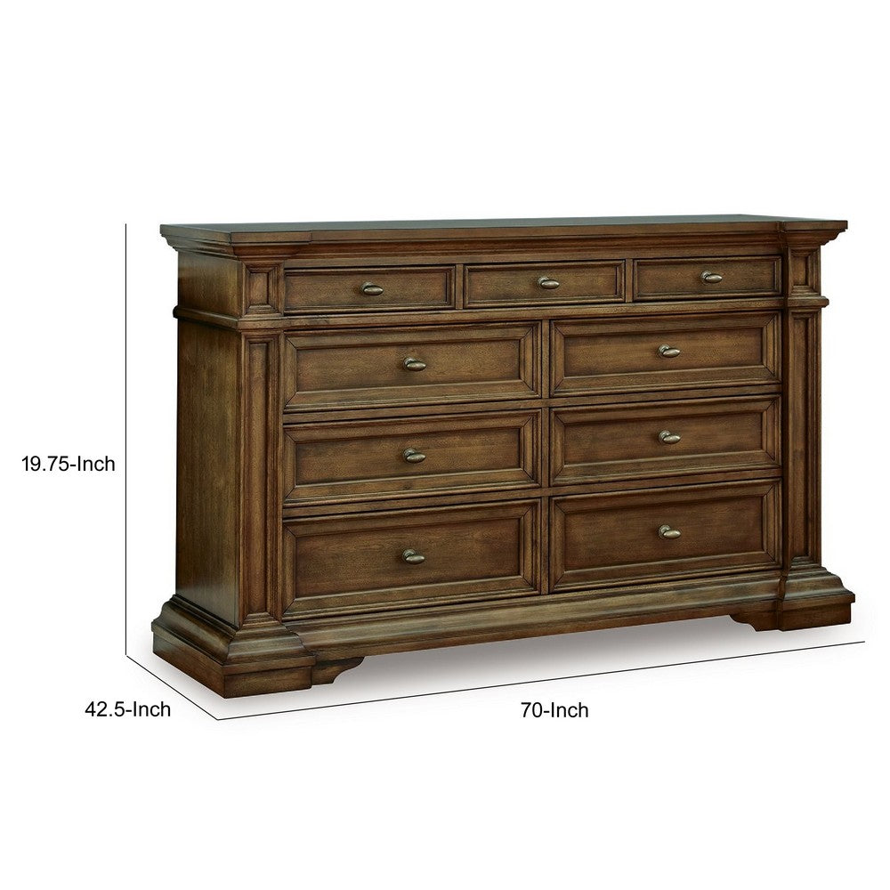 Lesa Wide Dresser | 9 Drawers with Antique Brass Oval Knobs | Brown