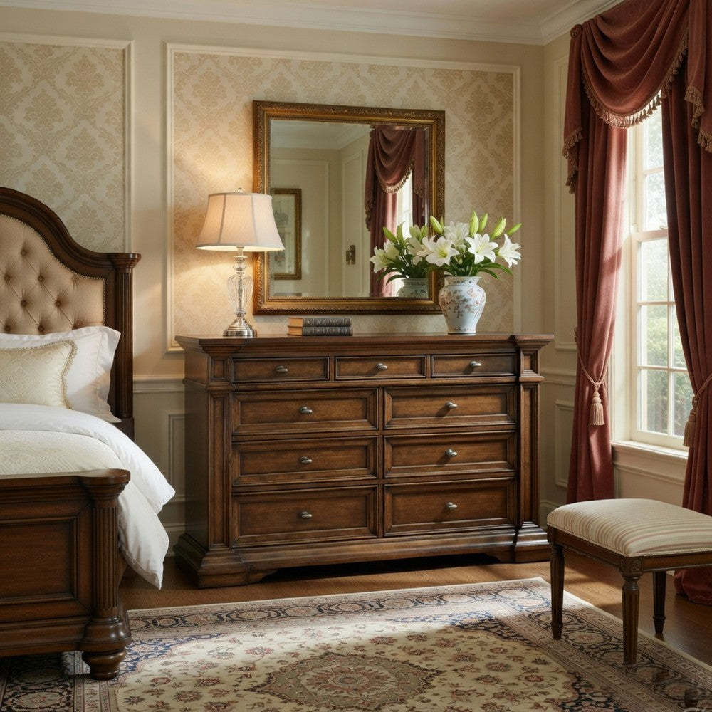 Lesa Wide Dresser | 9 Drawers with Antique Brass Oval Knobs | Brown