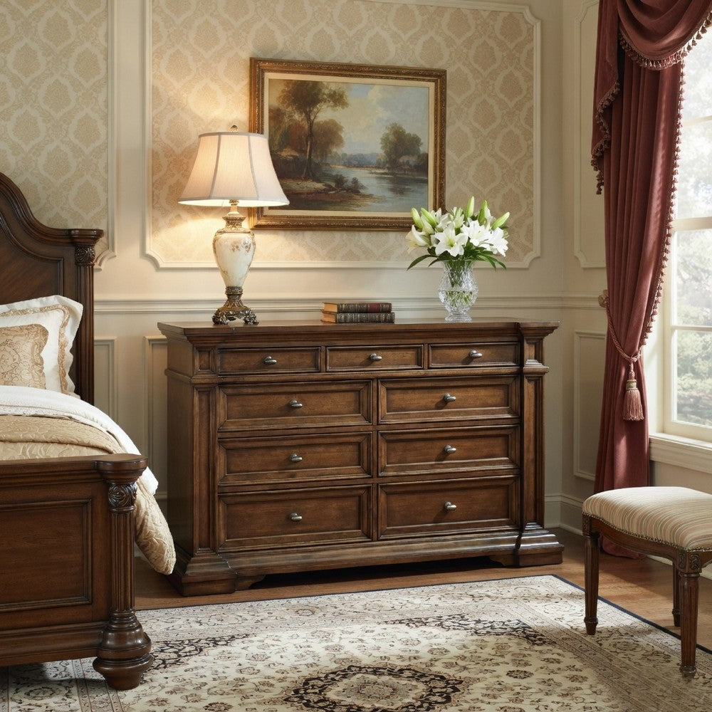 Lesa Wide Dresser | 9 Drawers with Antique Brass Oval Knobs | Brown