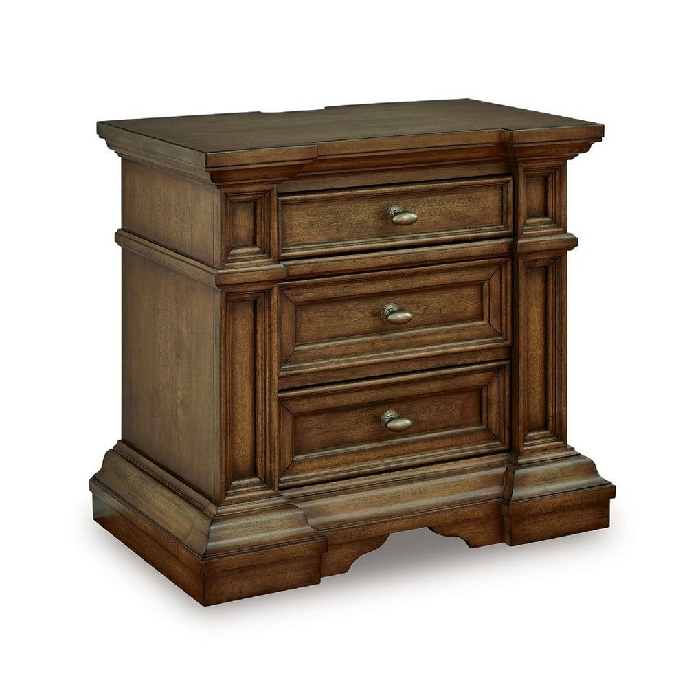 Lesa Nightstand | 3 Drawers with Antique Brass Oval Knobs | Brown