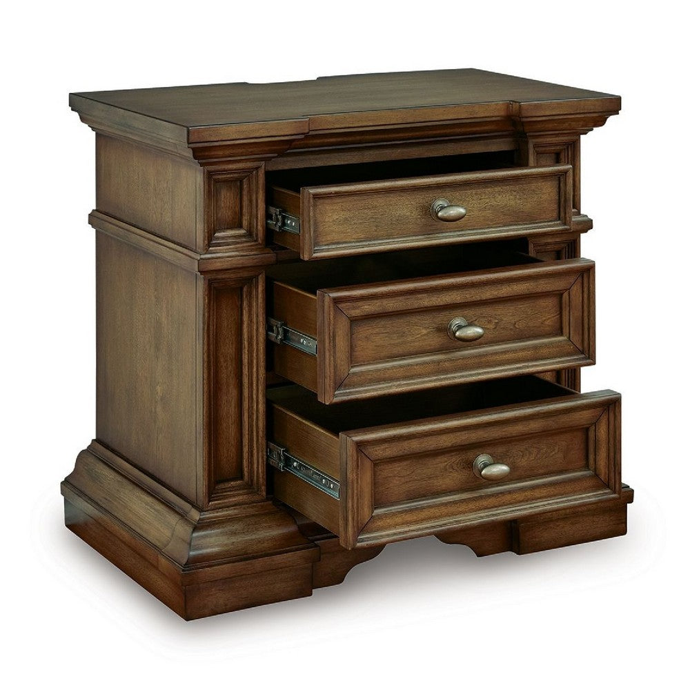 Lesa Nightstand | 3 Drawers with Antique Brass Oval Knobs | Brown