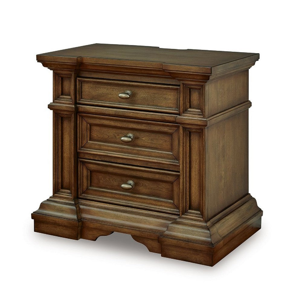 Lesa Nightstand | 3 Drawers with Antique Brass Oval Knobs | Brown
