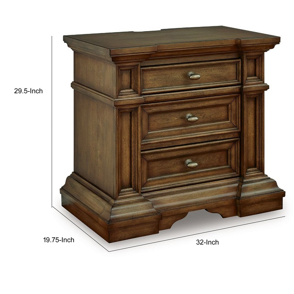 Lesa Nightstand | 3 Drawers with Antique Brass Oval Knobs | Brown