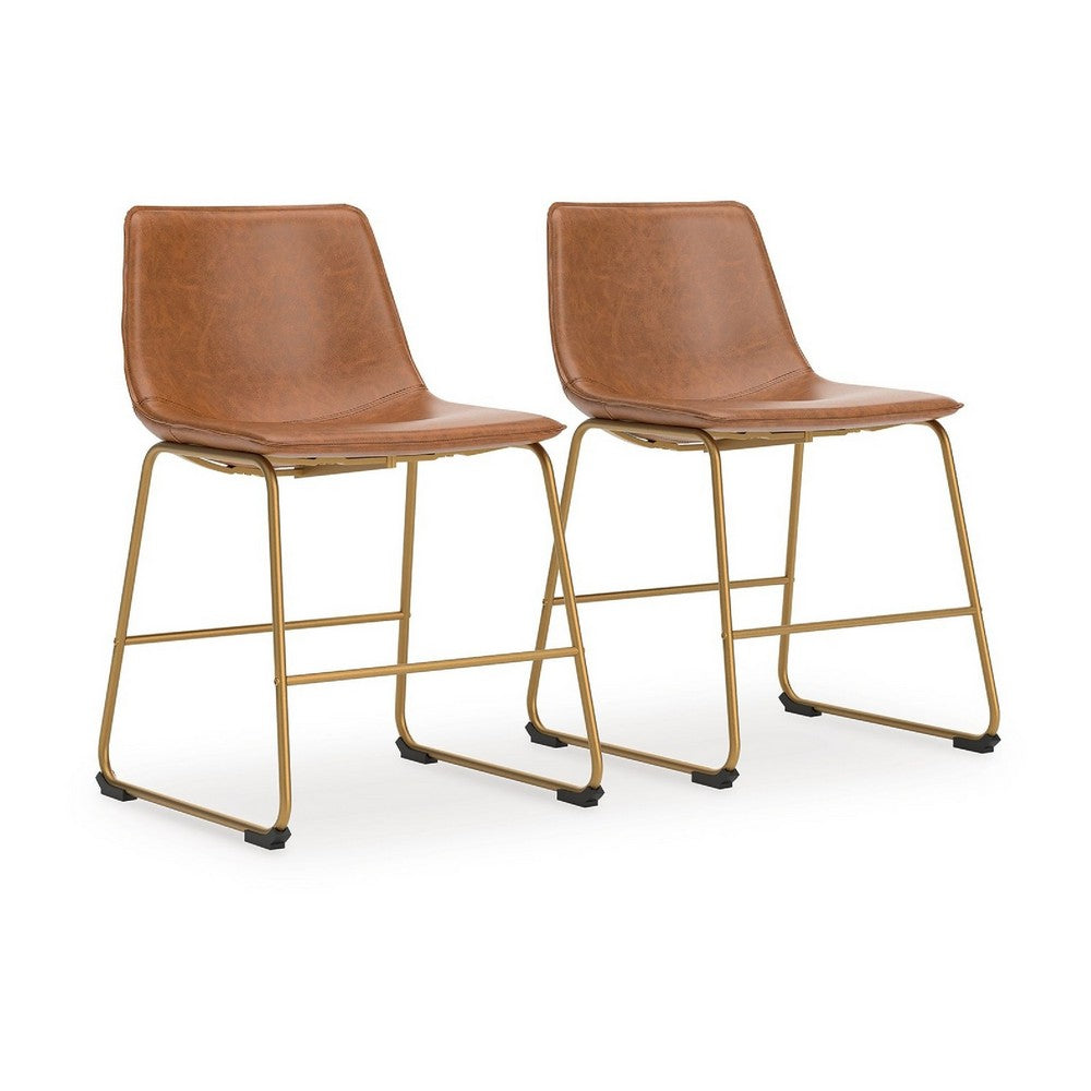 Cia Dining Side Chair Set of 2 | Brown Faux Leather| Metal Frame Gold