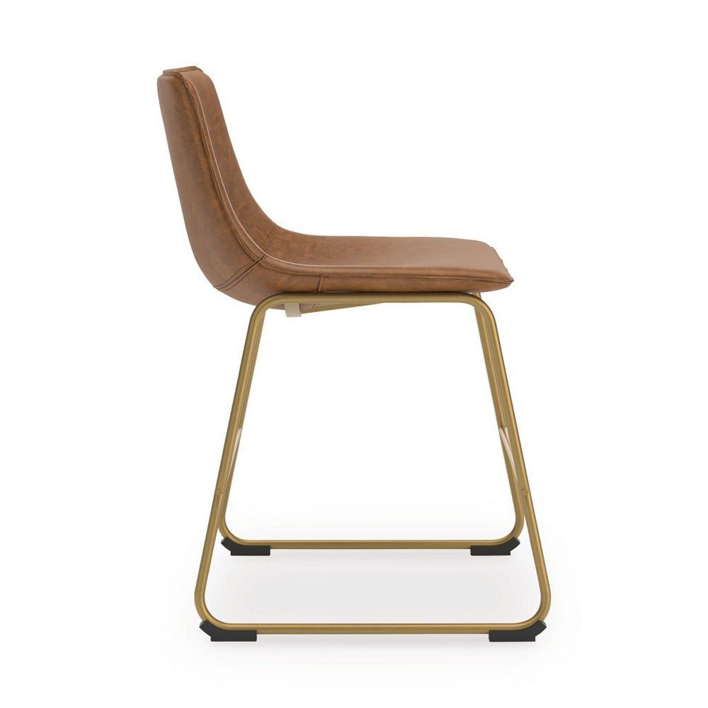 Cia Dining Side Chair Set of 2 | Brown Faux Leather| Metal Frame Gold
