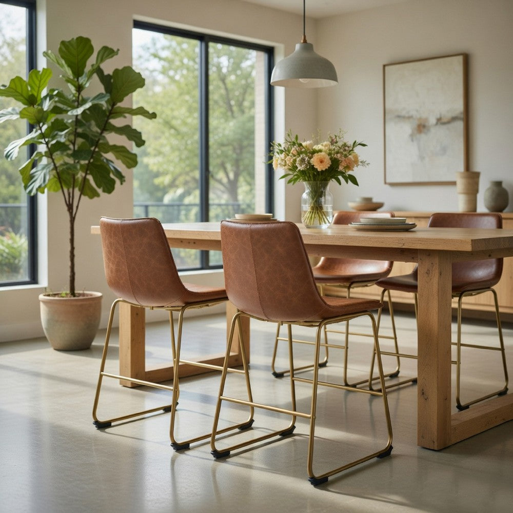 Cia Dining Side Chair Set of 2 | Brown Faux Leather| Metal Frame Gold