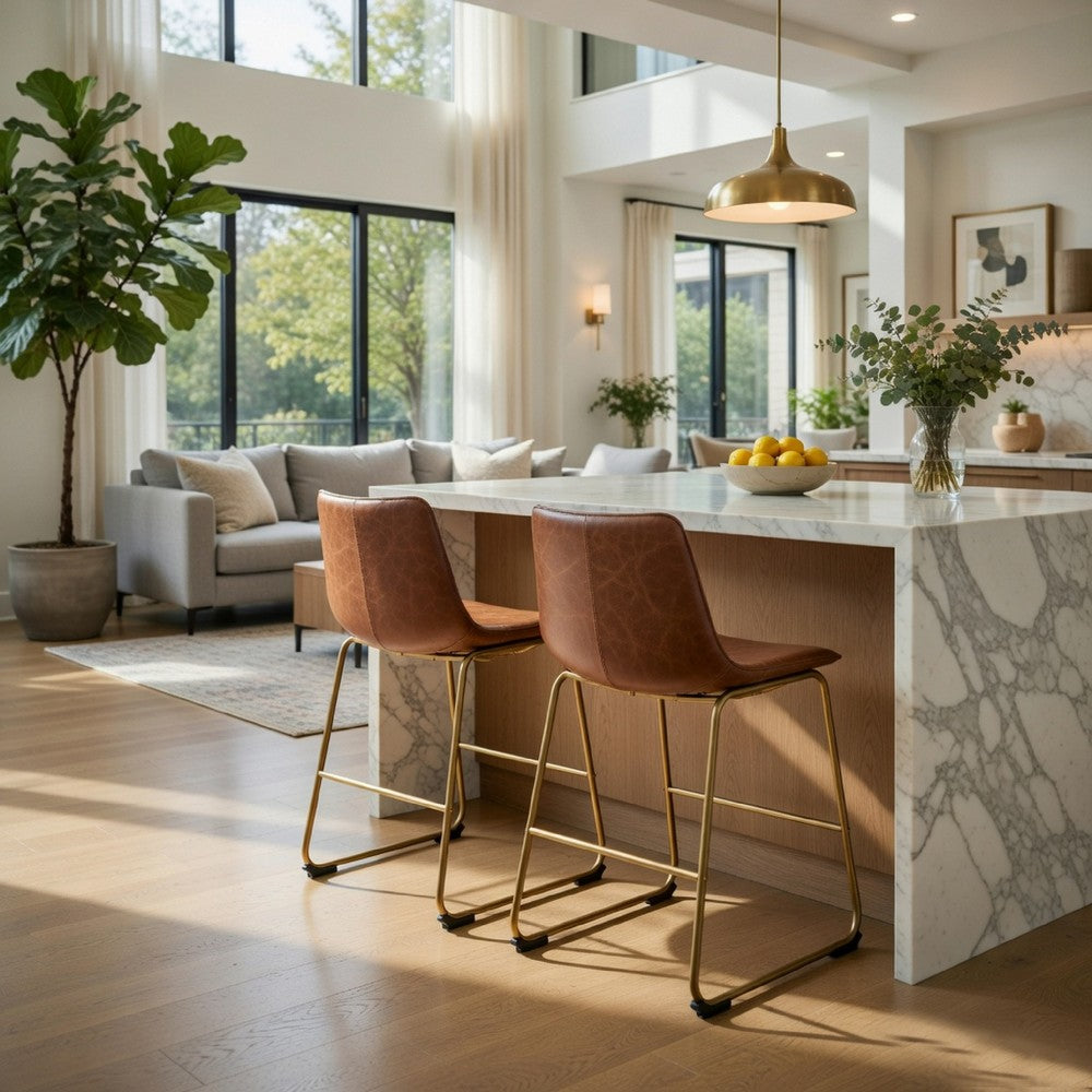 Cia Dining Side Chair Set of 2 | Brown Faux Leather| Metal Frame Gold