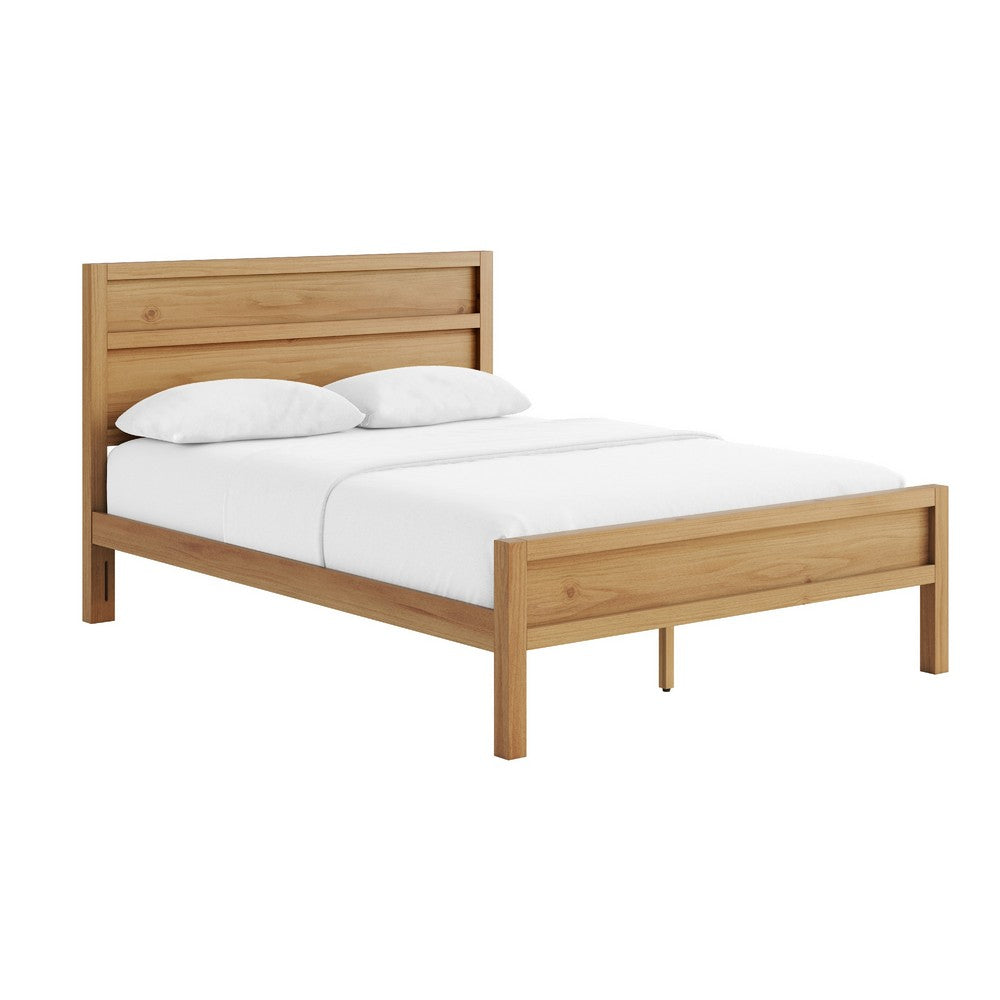 Lexa Queen Size Minimalist Bed | Low Profile Headboard | Natural Brown