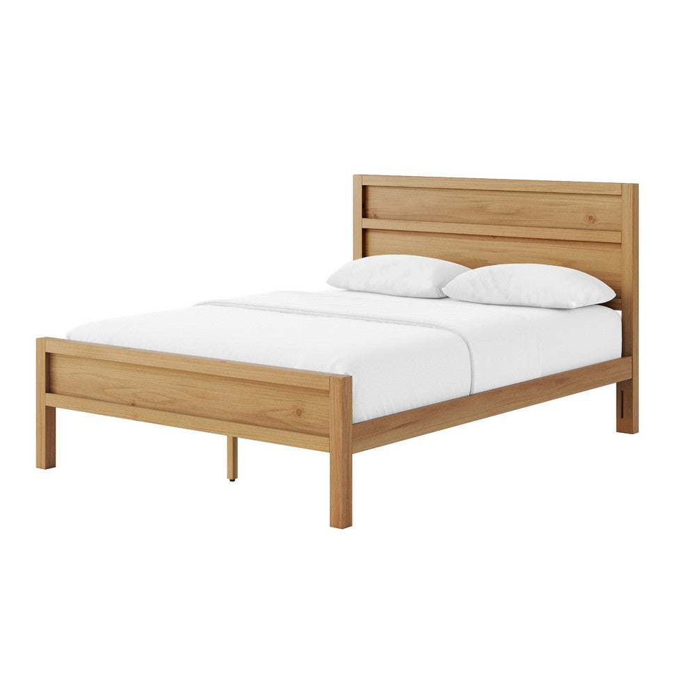 Lexa Queen Size Minimalist Bed | Low Profile Headboard | Natural Brown