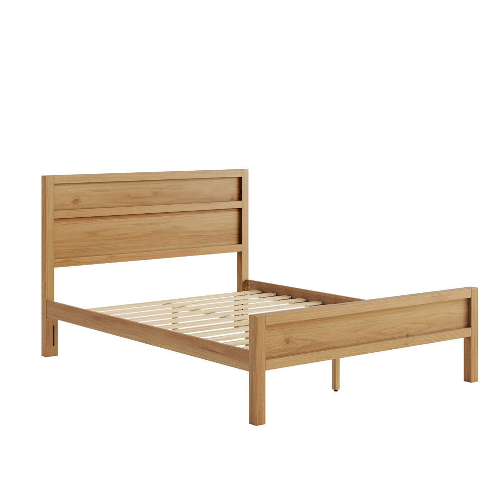 Lexa Queen Size Minimalist Bed | Low Profile Headboard | Natural Brown