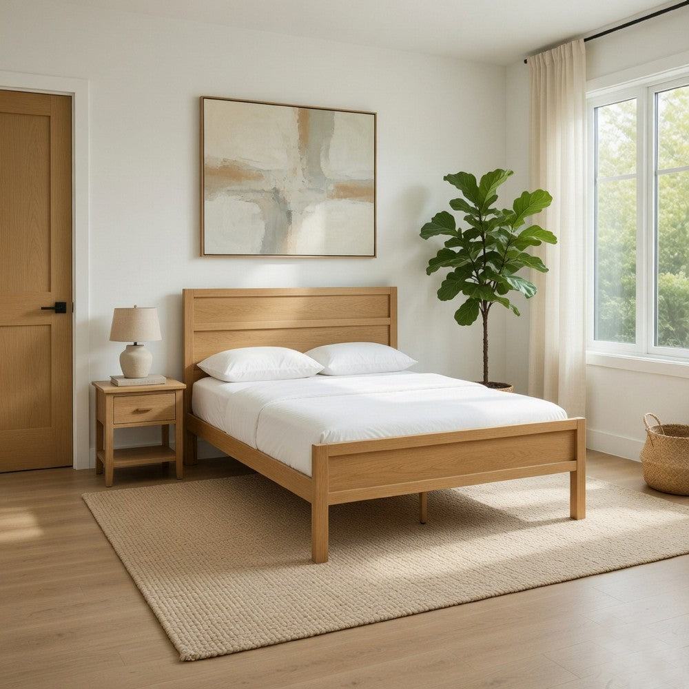Lexa Queen Size Minimalist Bed | Low Profile Headboard | Natural Brown