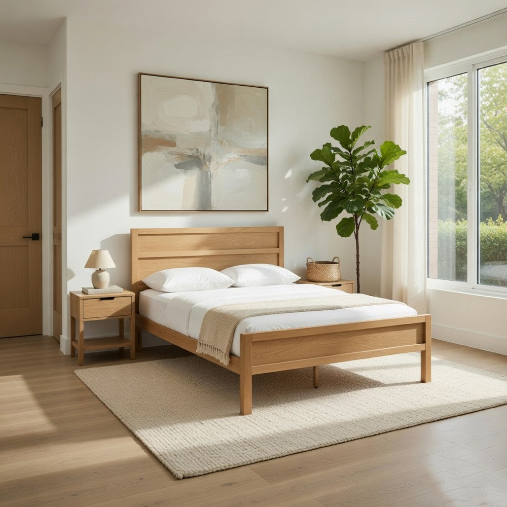 Lexa Queen Size Minimalist Bed | Low Profile Headboard | Natural Brown