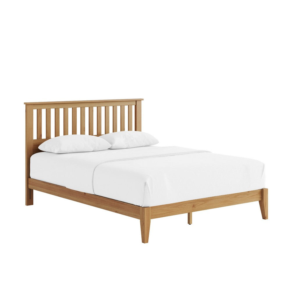 Peza Queen Size Minimalist Bed | Vertical Slat Mission Headboard | Brown