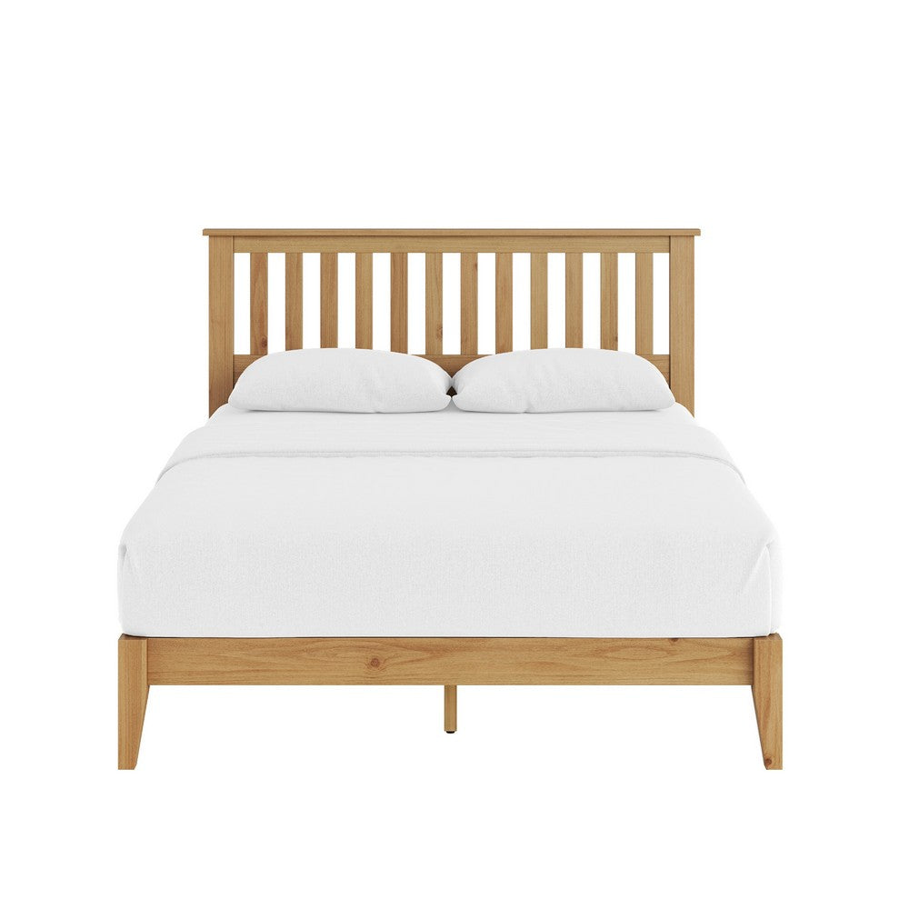 Peza Queen Size Minimalist Bed | Vertical Slat Mission Headboard | Brown
