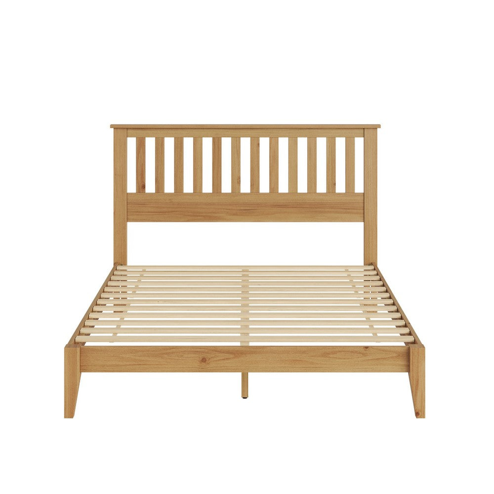 Peza Queen Size Minimalist Bed | Vertical Slat Mission Headboard | Brown