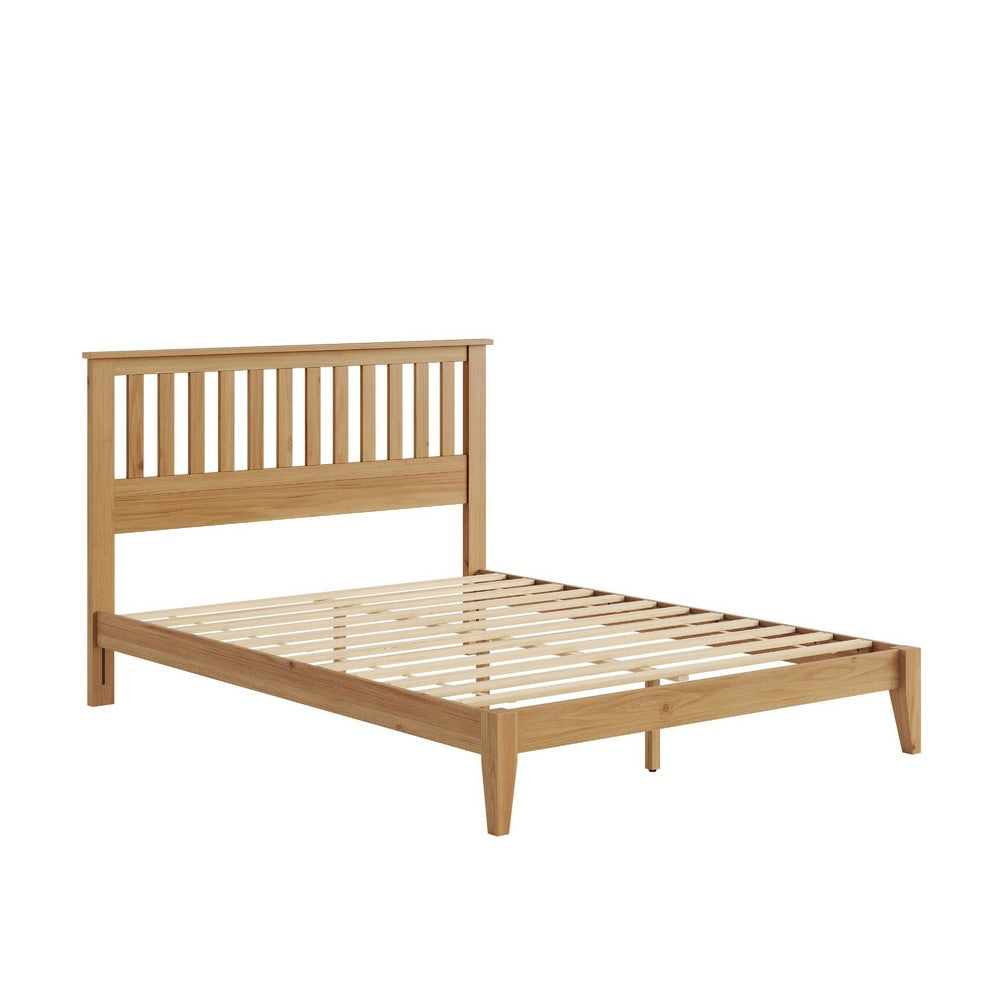 Peza Queen Size Minimalist Bed | Vertical Slat Mission Headboard | Brown