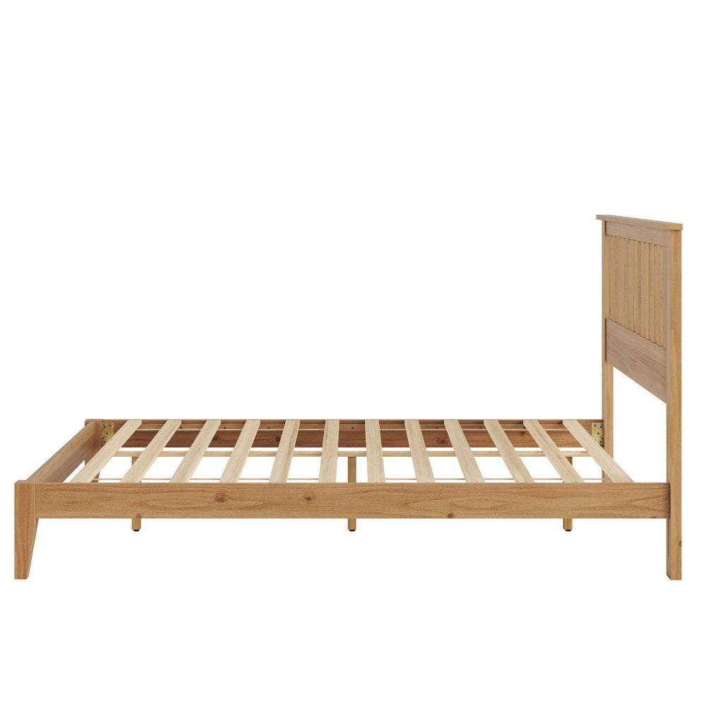 Peza Queen Size Minimalist Bed | Vertical Slat Mission Headboard | Brown