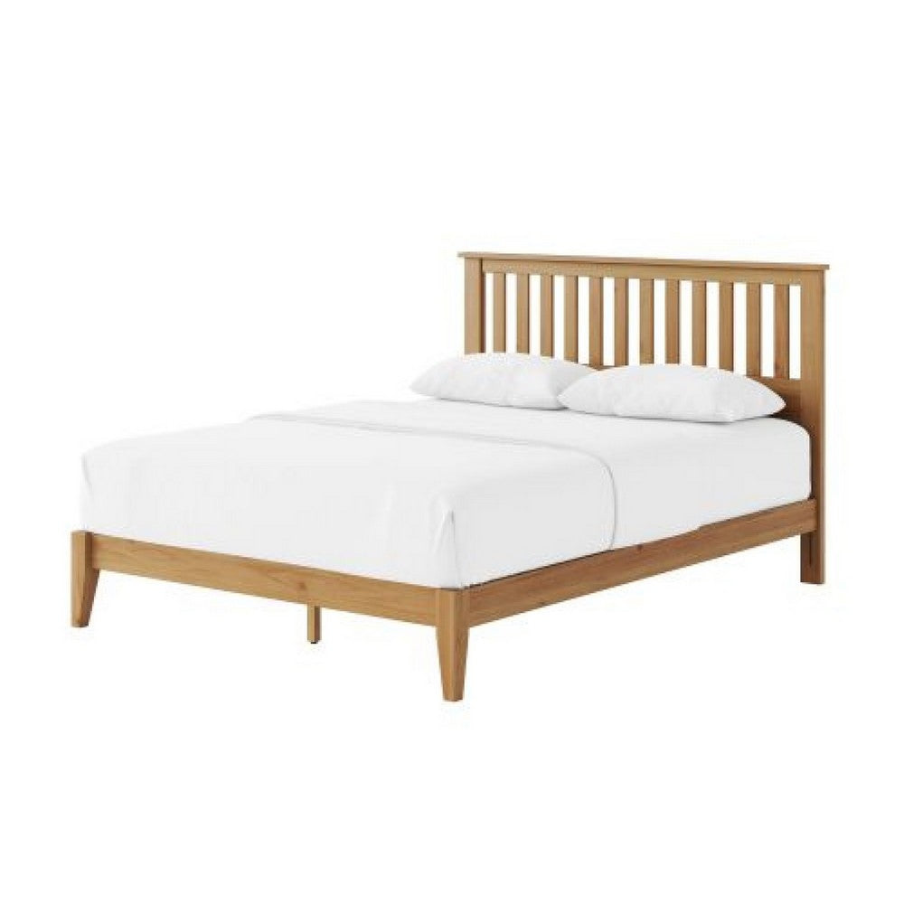 Peza Queen Size Minimalist Bed | Vertical Slat Mission Headboard | Brown
