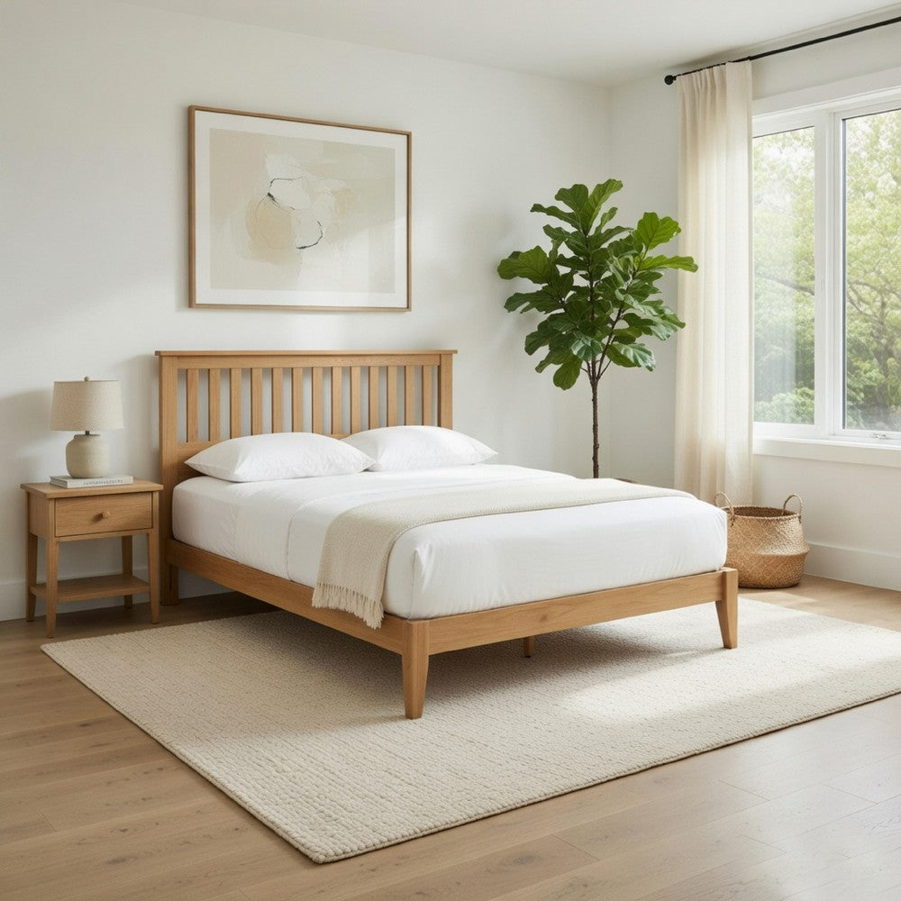 Peza Queen Size Minimalist Bed | Vertical Slat Mission Headboard | Brown