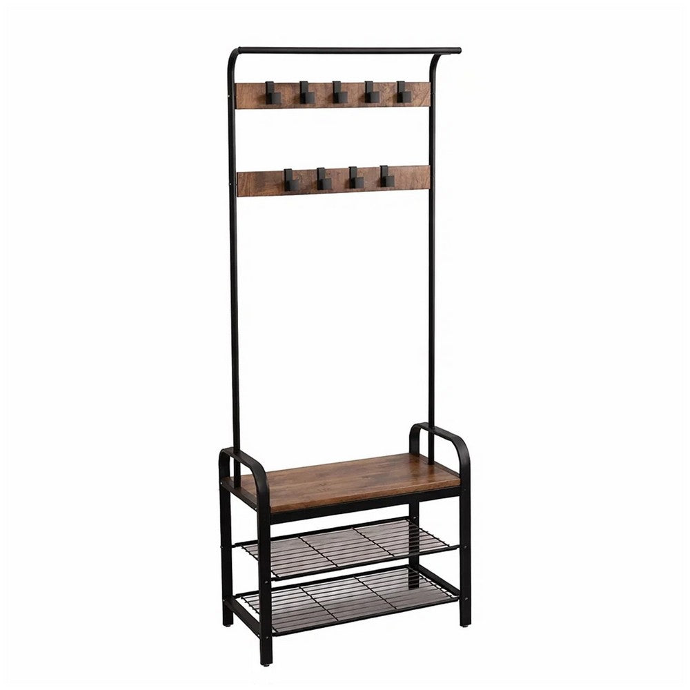 Hall Tree Entryway Foyer Coat Rack Shoe Bench | 73"  Brown, Black