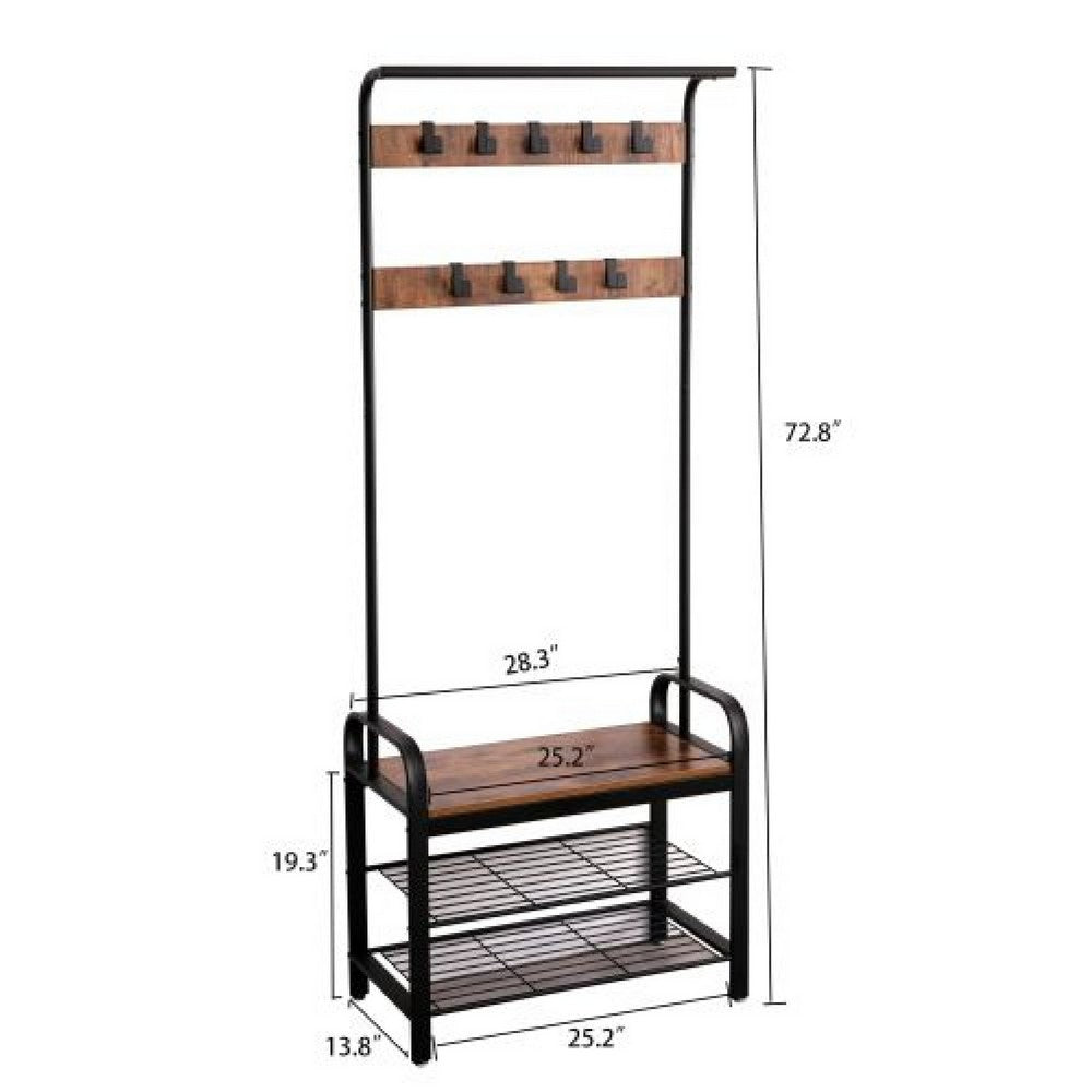 Hall Tree Entryway Foyer Coat Rack Shoe Bench | 73"  Brown, Black