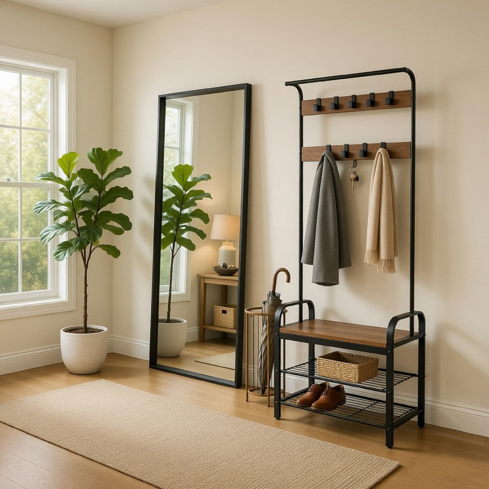 Hall Tree Entryway Foyer Coat Rack Shoe Bench | 73"  Brown, Black