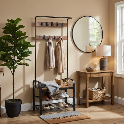 Hall Tree Entryway Foyer Coat Rack Shoe Bench | 73"  Brown, Black