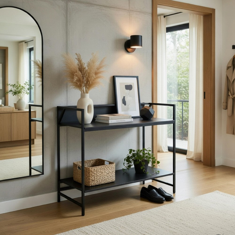 Modern Narrow Console Table | 44" Top with Raised Shelf | Black Metal