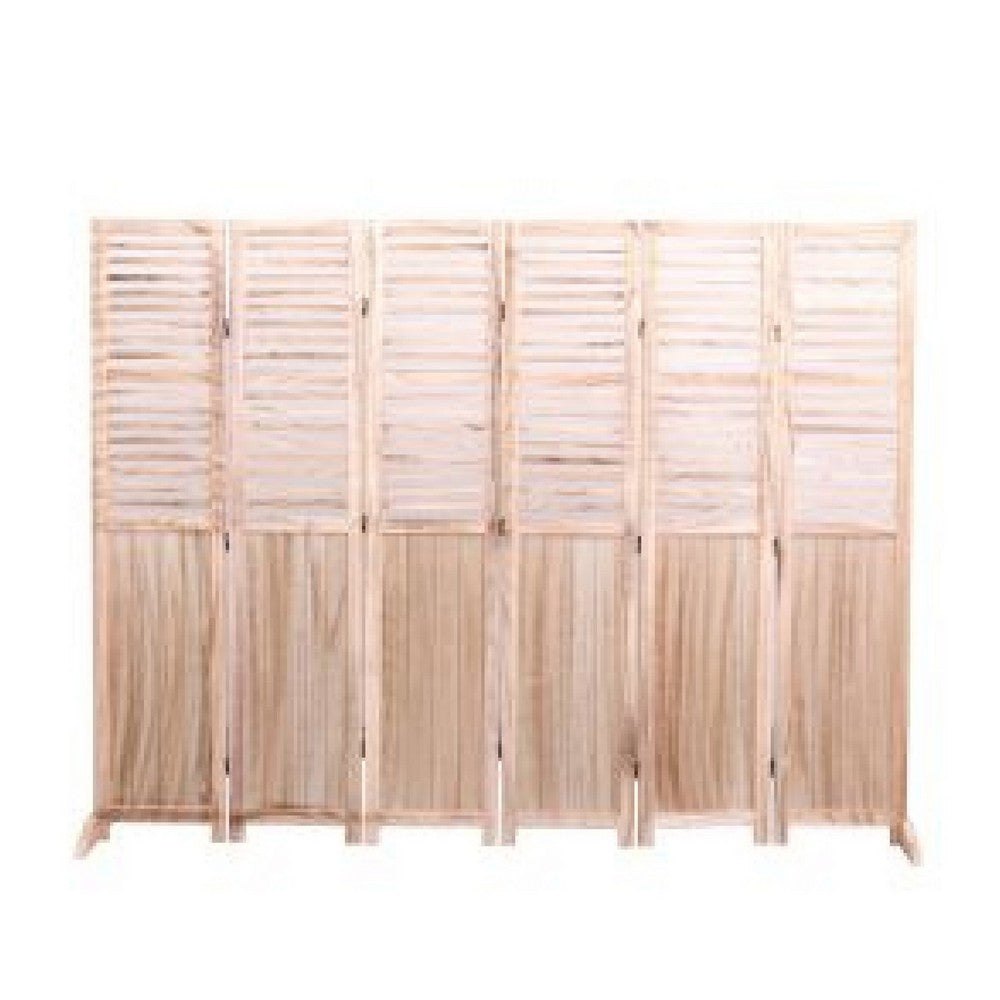 6 Panel Folding Room Divider | Slatted Screen | 83" Natural Brown