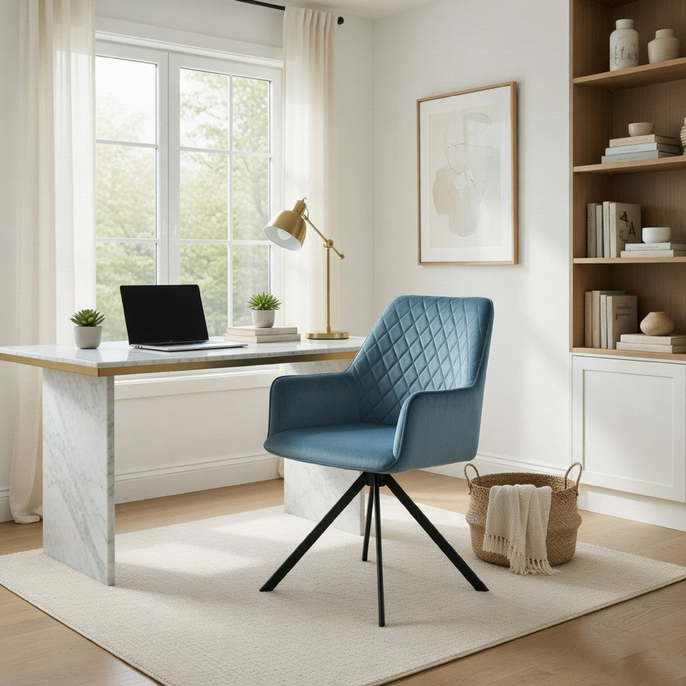 Modern Desk Chair | Diamond Tufted Blue  Black Metal Angled Base