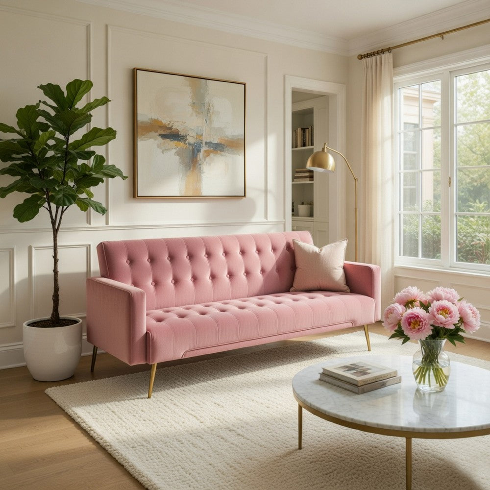 Jera Modern Convertible Sofa Bed | Tufted Rose Pink Velvet | 75"