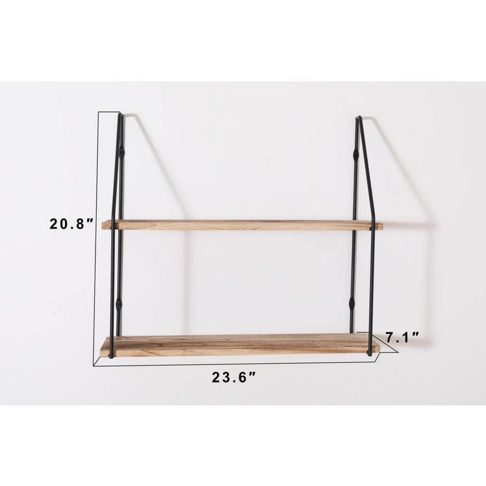 2-Tier Mounting Wall Shelf | Natural Brown Wood | 24" Black Metal