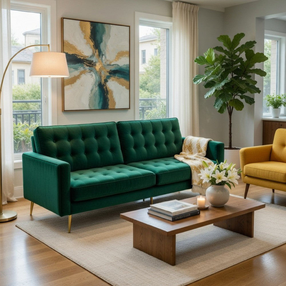 Jera Modern Convertible Sofa Bed | Tufted Dark Green Velvet | 75"