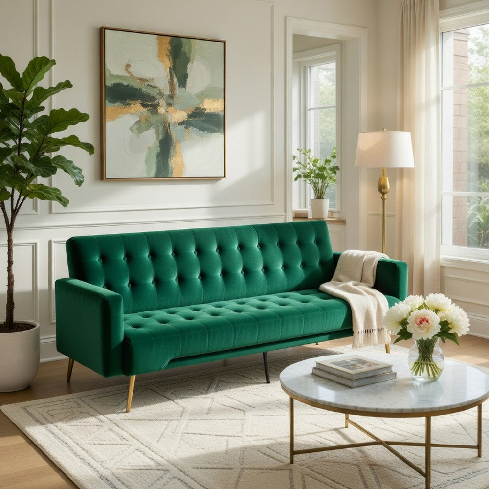 Jera Modern Convertible Sofa Bed | Tufted Dark Green Velvet | 75"