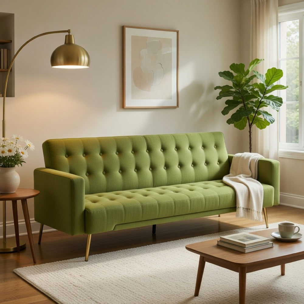 Jera Modern Convertible Sofa Bed | Tufted Army Green Velvet | 75"