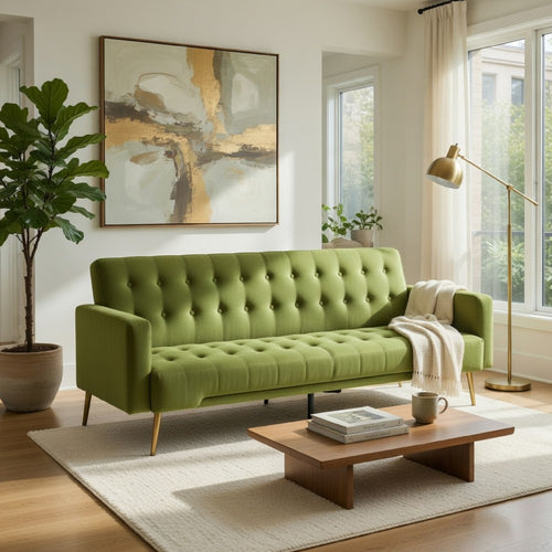 Jera Modern Convertible Sofa Bed | Tufted Army Green Velvet | 75"