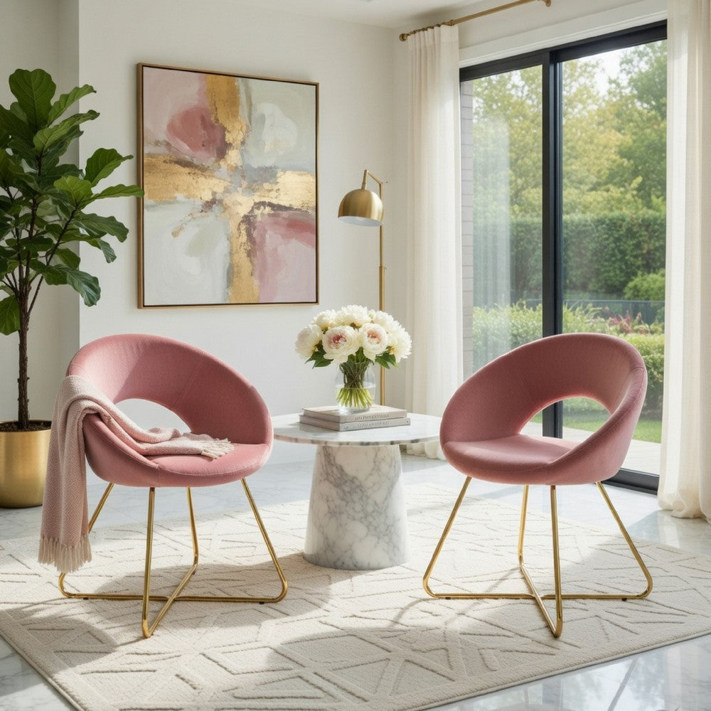 Sera Accent Chair Set of 2 | Rose Pink Velvet | Curved Back | Gold Metal