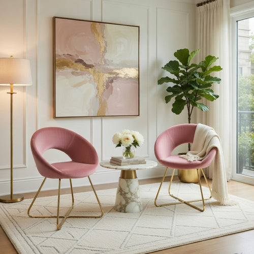 Sera Accent Chair Set of 2 | Rose Pink Velvet | Curved Back | Gold Metal