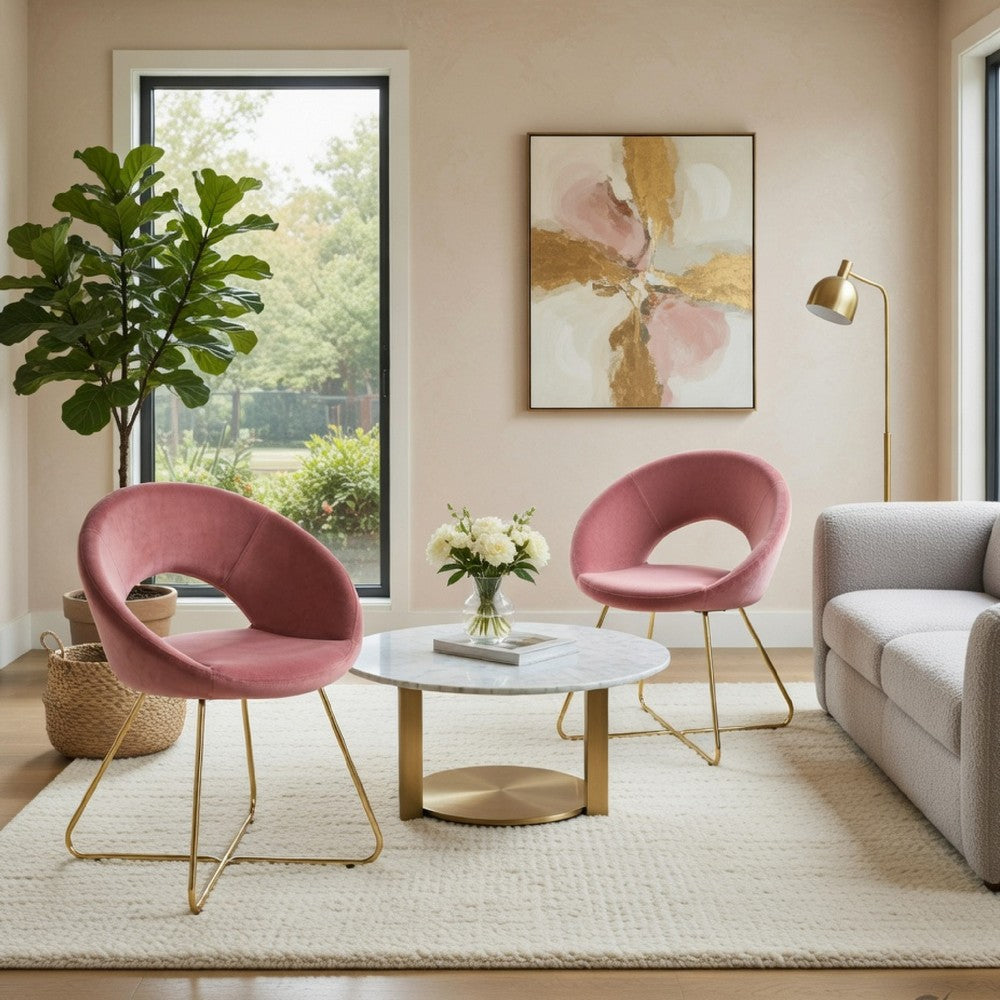 Sera Lounge Chair Set of 2 | Curved Back | Rose Pink Velvet | Gold Metal